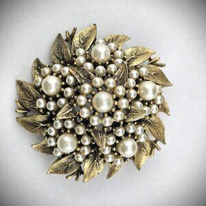 Vintage 3D Dimensional Faux Pearl Flower 2" Brooch Pin Antiqued Gold Tone